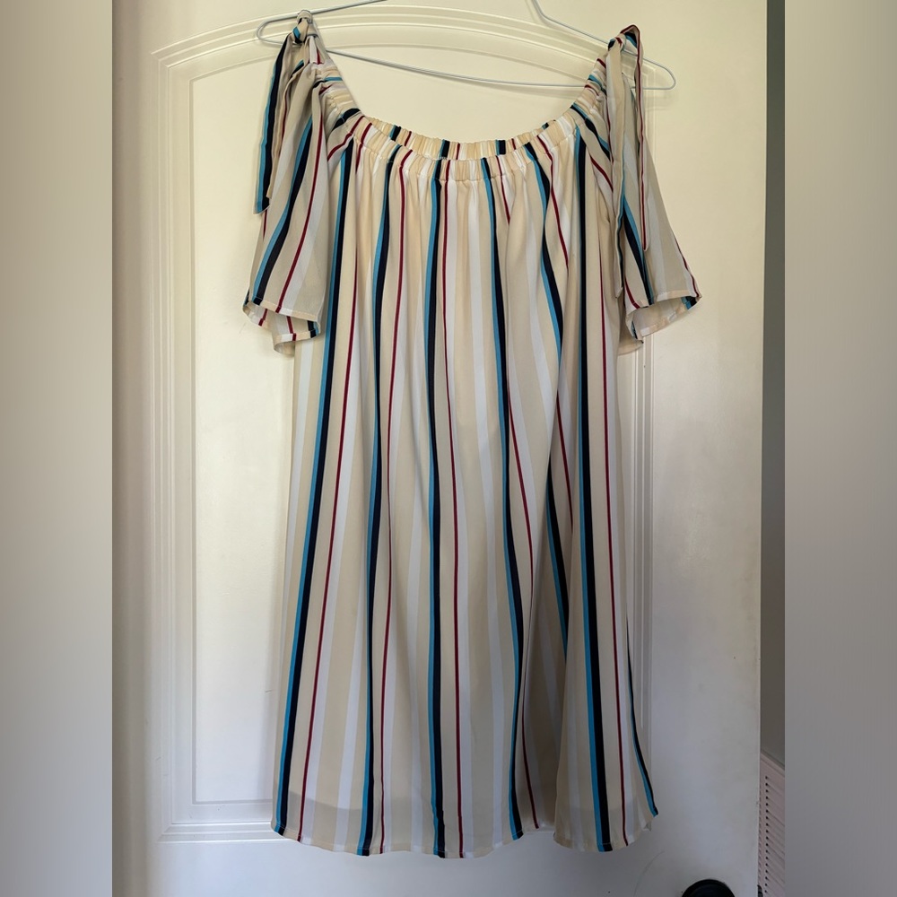 She and Sky striped dress; off shoulder; cream/blue/brown/red; size small